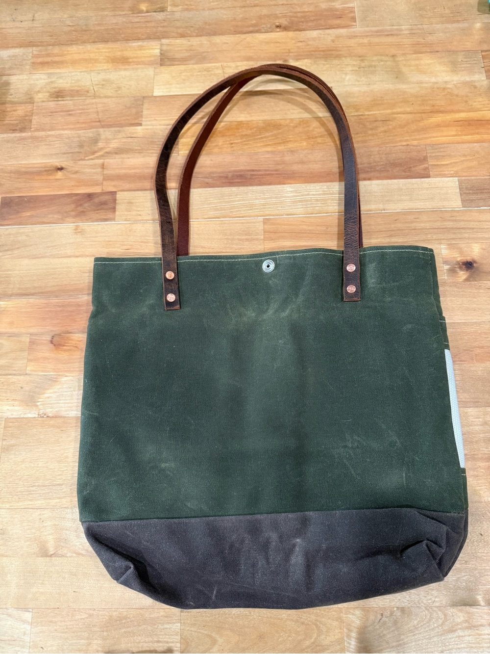 Canvas Tote with Leather Straps in Olive Green, Cream & Dark Brown - Picture 2 of 8
